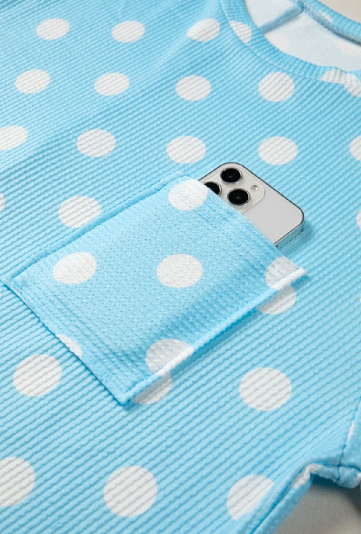 Sky Blue Polka Dot Patch Pocket Twisted Ribbed Oversized Top
