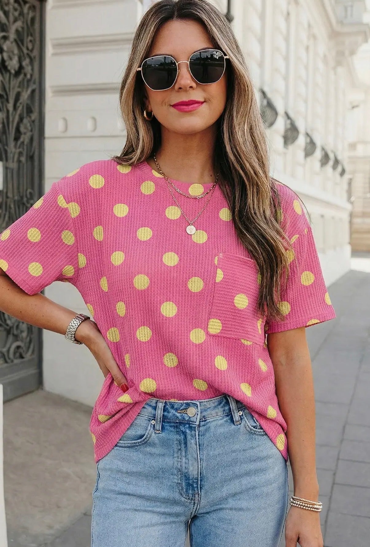 Pink Polka Dot Patch Pocket Twisted Ribbed Top