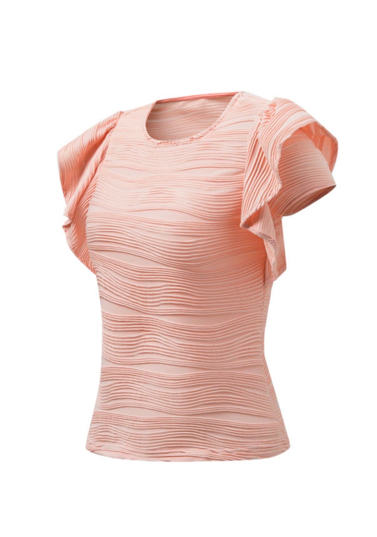 Apricot Pink Wavy Textured Ruffled Sleeve Top - Blouses from LemonDrop•LimePop