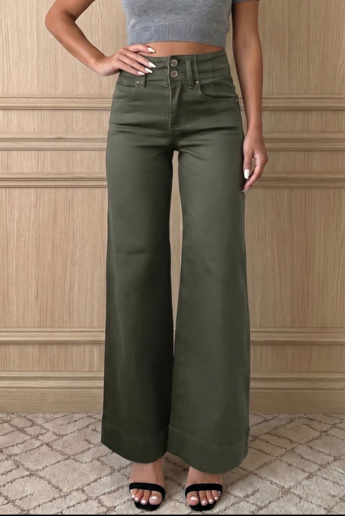 Mist Green 2-Button High Waist Flared Bottom Jeans - Jeans from LemonDrop•LimePop