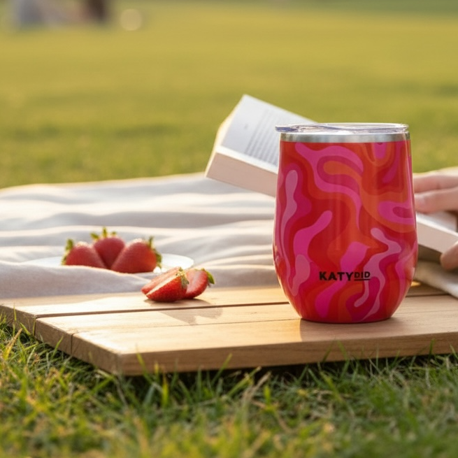 Hot Pink Retro Swirl Insulated Stemless Wine Tumbler With Lid