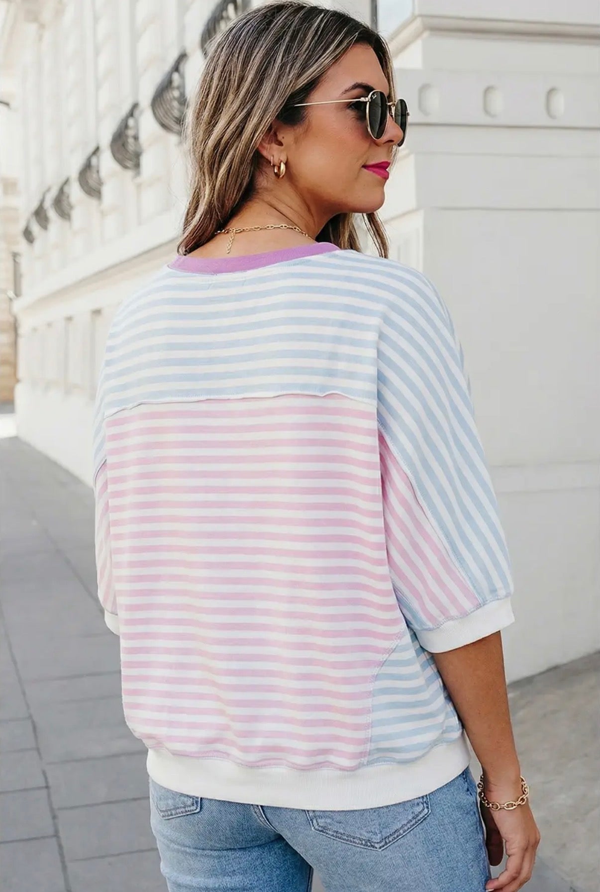 Stripe Patchwork Oversized Dolman Sleeve Tee - Clothing Tops from LemonDrop•LimePop