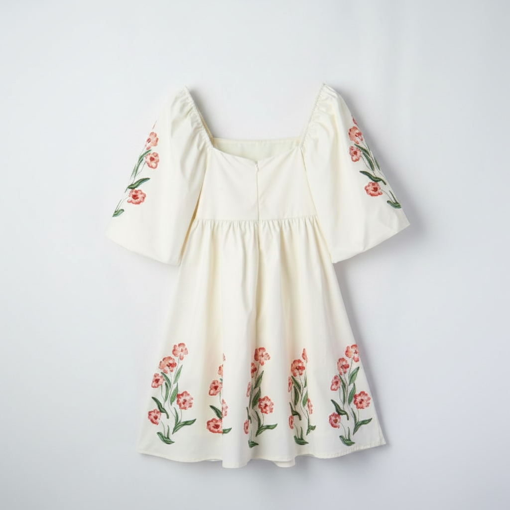 Beige floral-print puff sleeve babydoll dress with pink flowers along sleeves and hem.