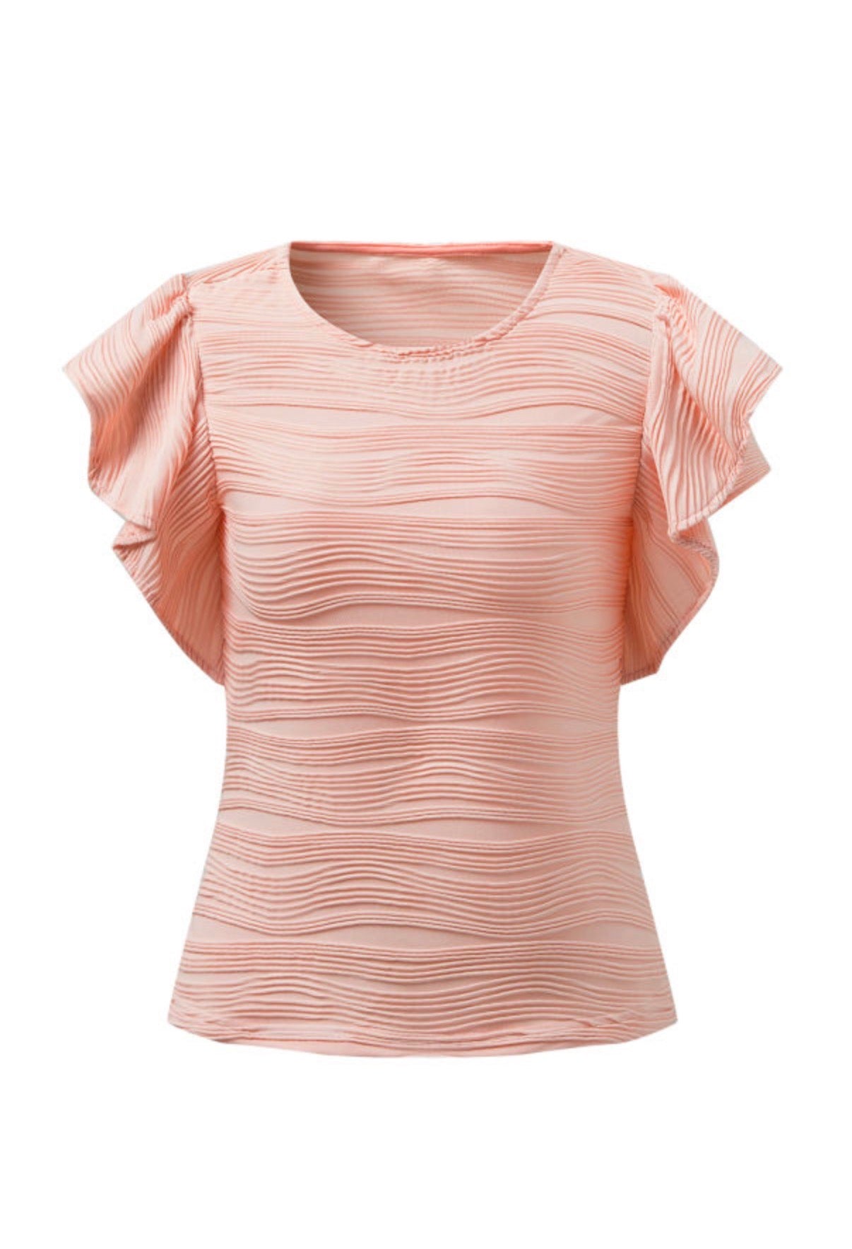 Apricot Pink Wavy Textured Ruffled Sleeve Top - Blouses from LemonDrop•LimePop