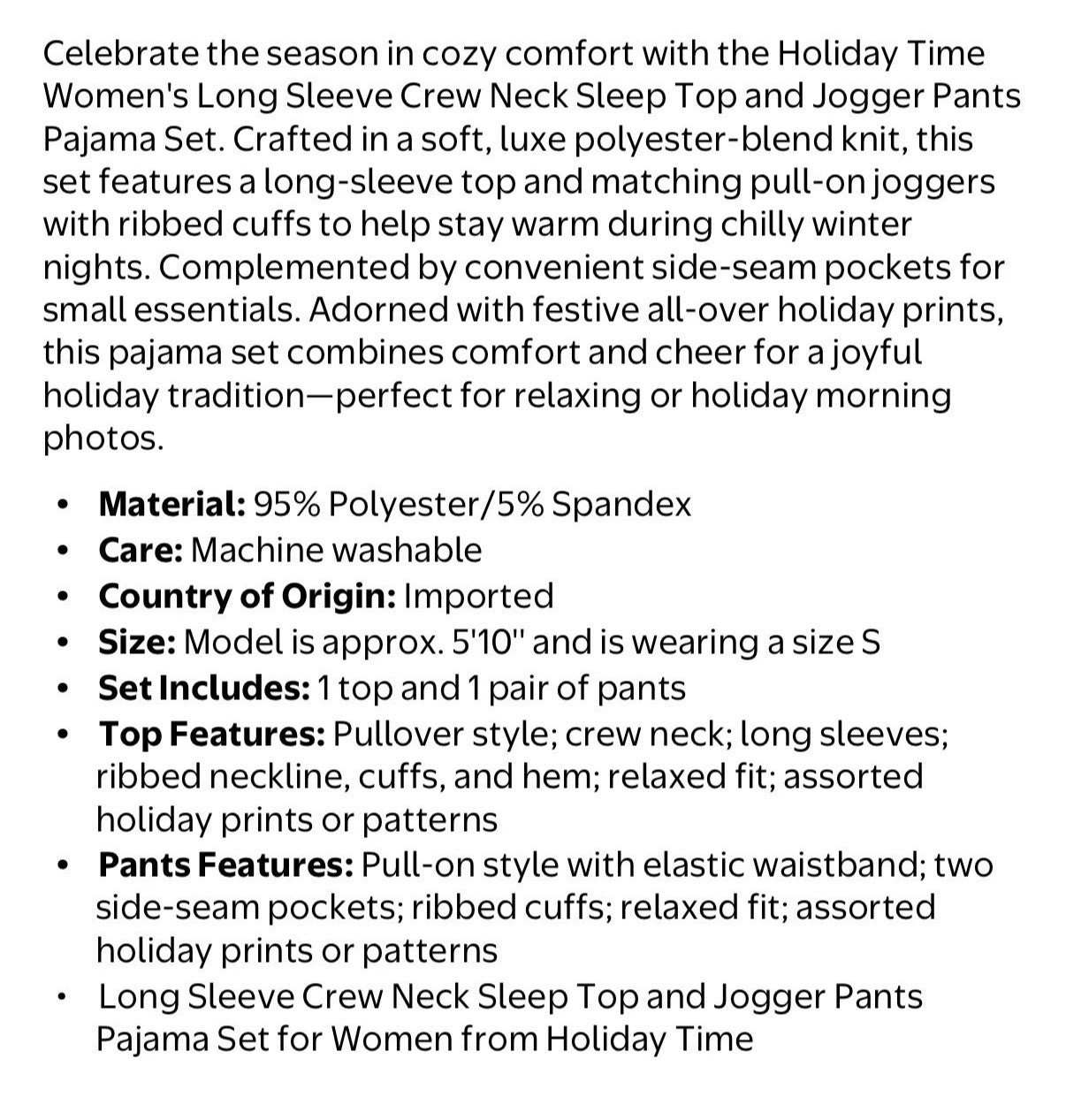 Holiday Time Women's Long Sleeve Sleep Top and Jogger Pajama Set