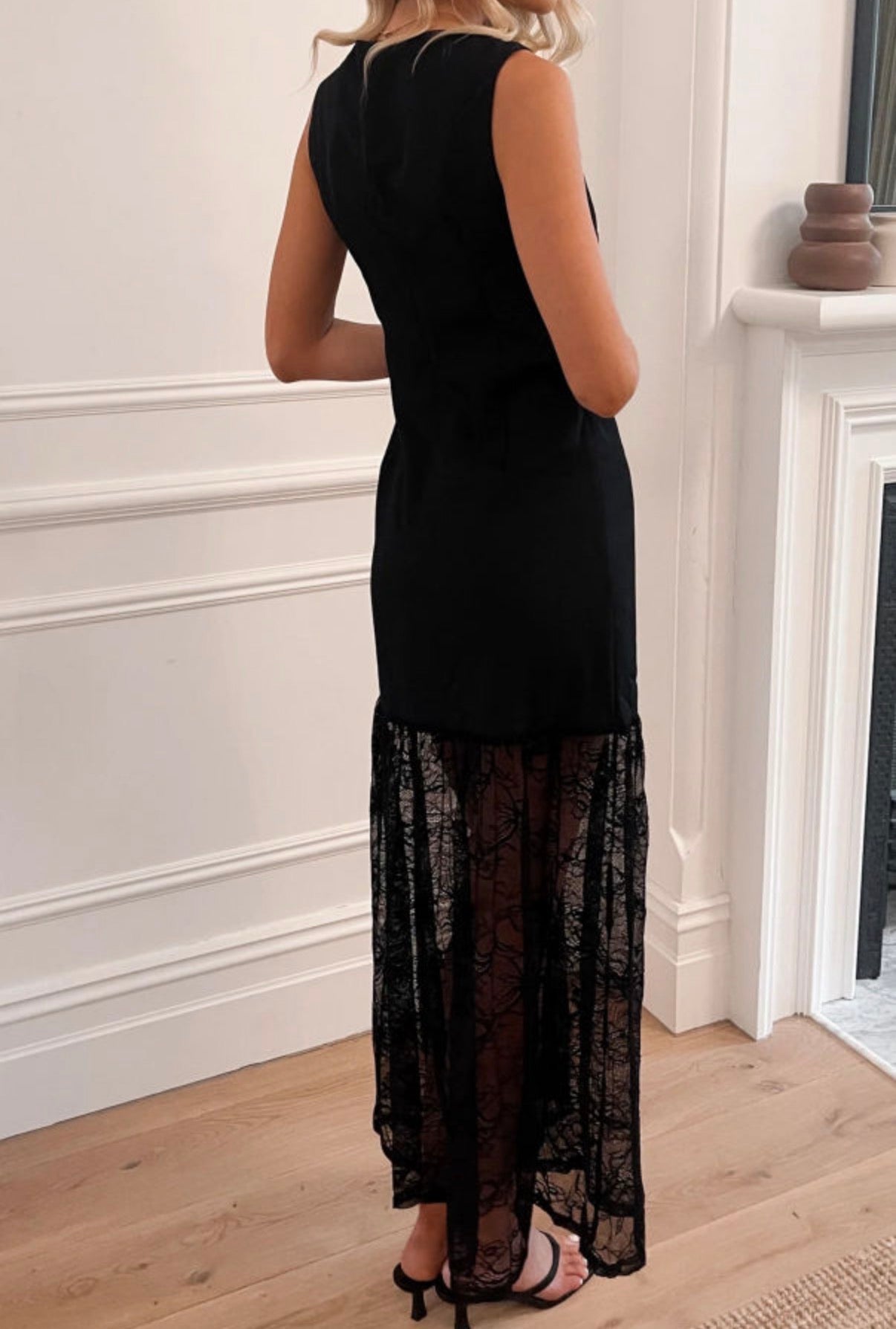 Solid Black Sheer Sleeveless Dress with Floral Lace Patchwork