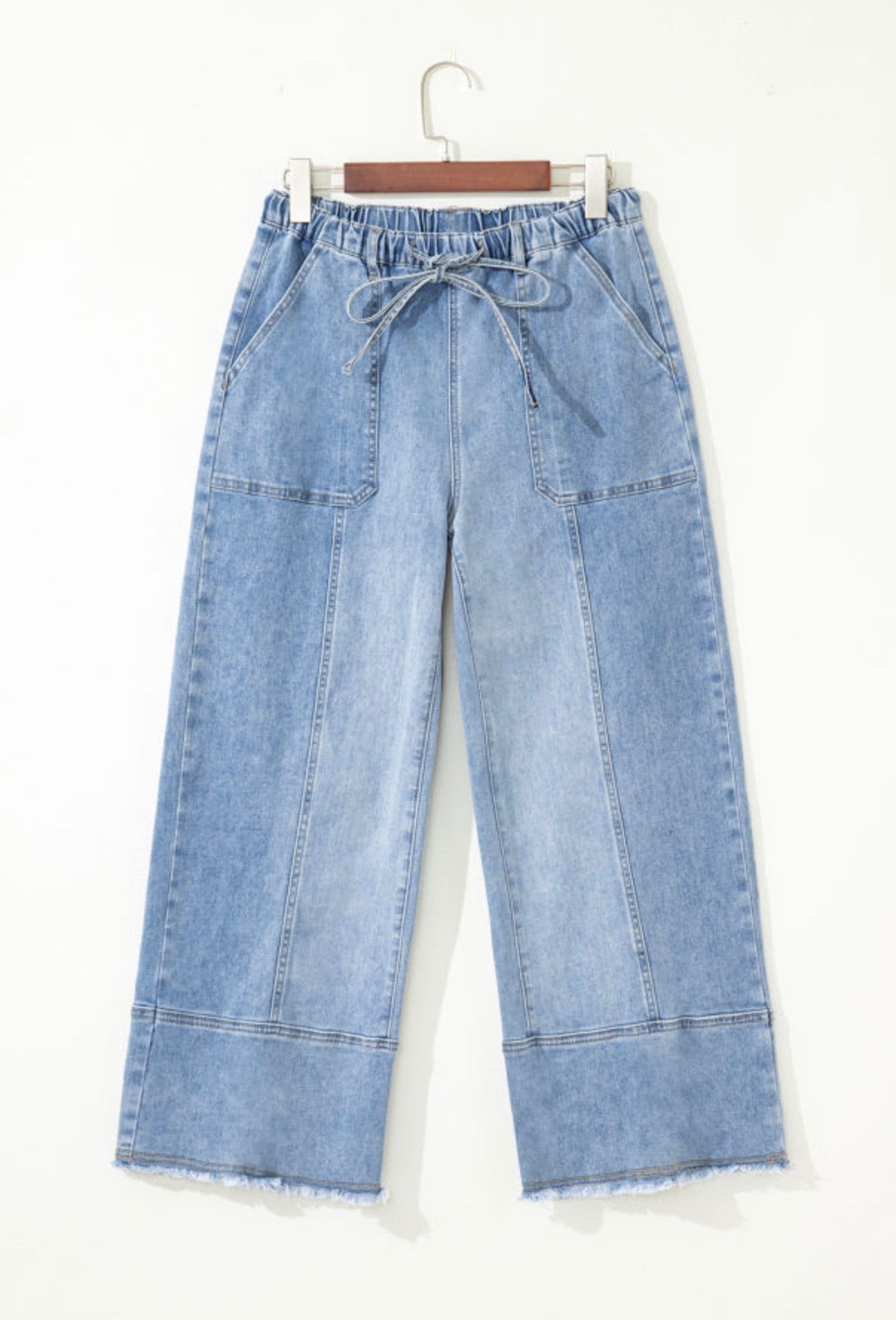 Beau Blue Drawstring Seam Detail Raw Hem Wide Leg Denim Pants - Jeans from LemonDrop•LimePop