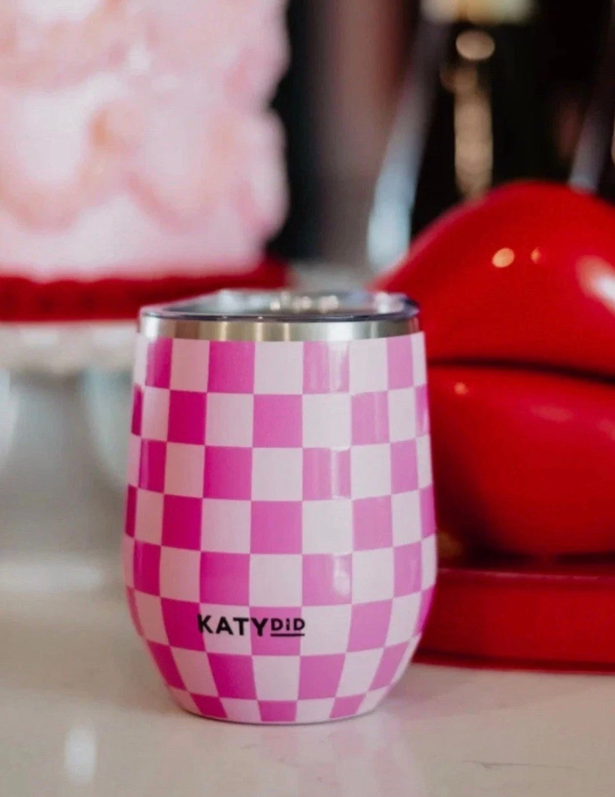 Hot Pink Checkerprint Stemless Wine Tumbler 12 OZ - Tumblers from LemonDrop•LimePop