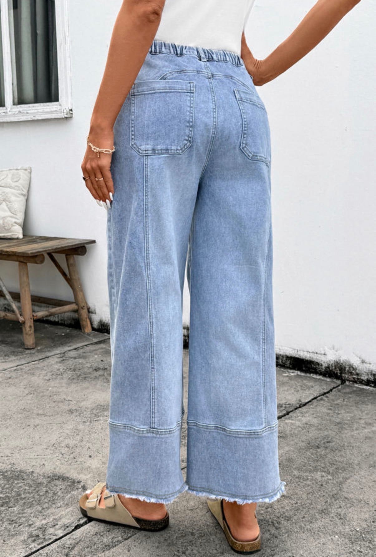Beau Blue Drawstring Seam Detail Raw Hem Wide Leg Denim Pants - Jeans from LemonDrop•LimePop
