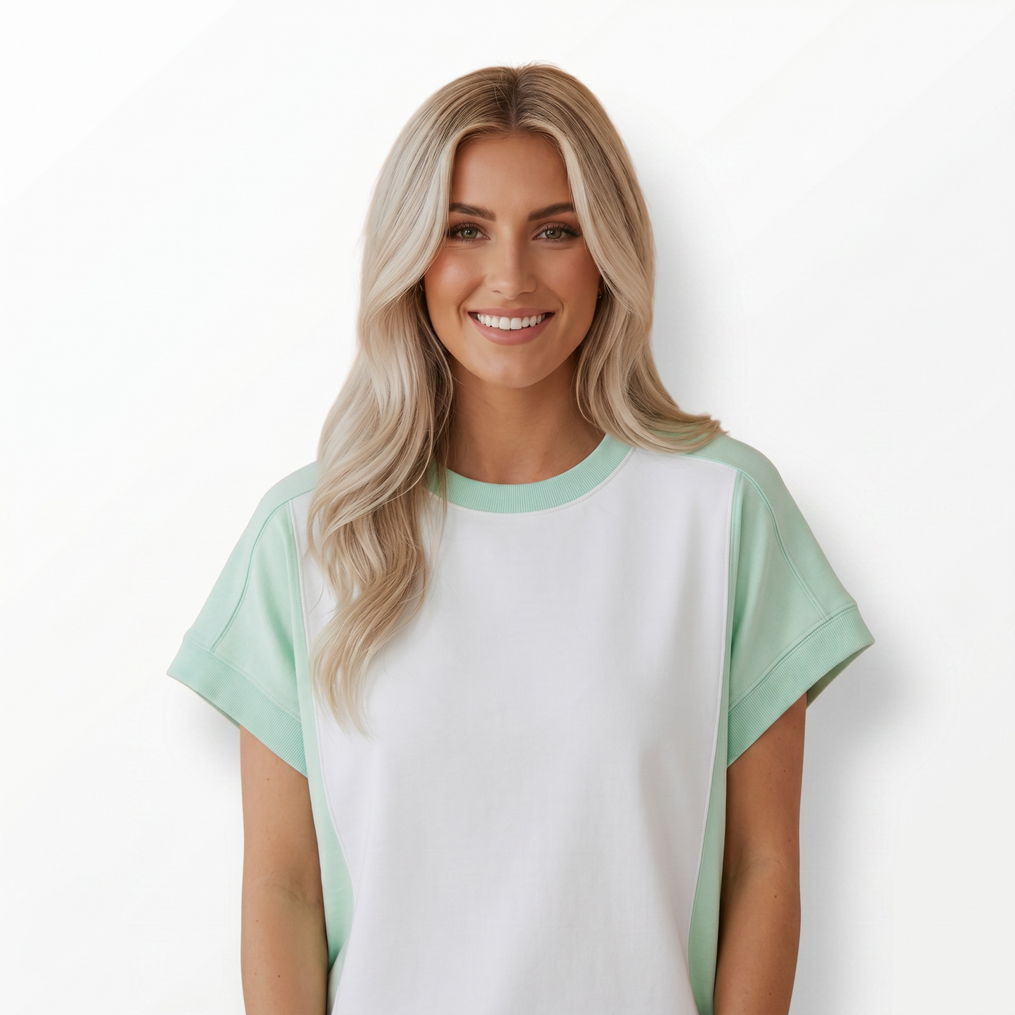 Light Green Color Block Exposed Seam Crew Neck T-Shirt - Clothing Tops from LemonDrop•LimePop