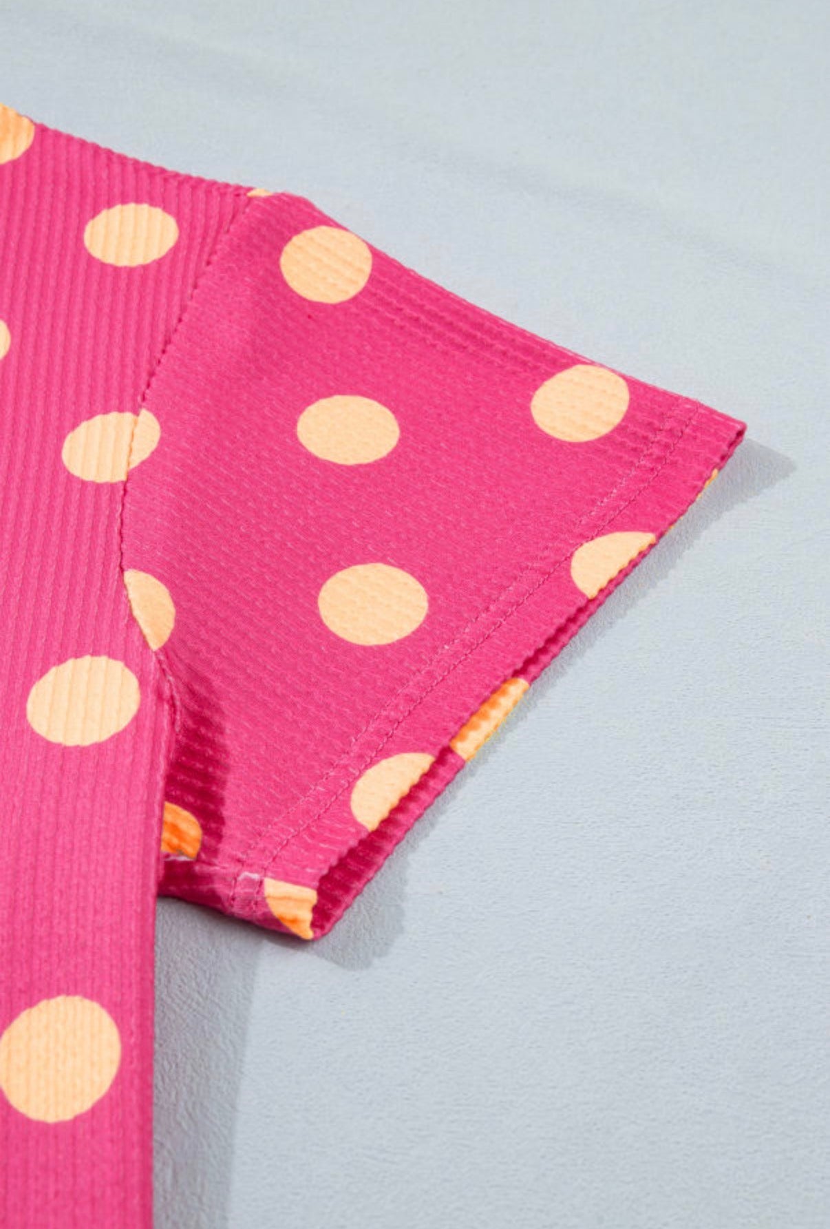 Pink Polka Dot Patch Pocket Twisted Ribbed Top