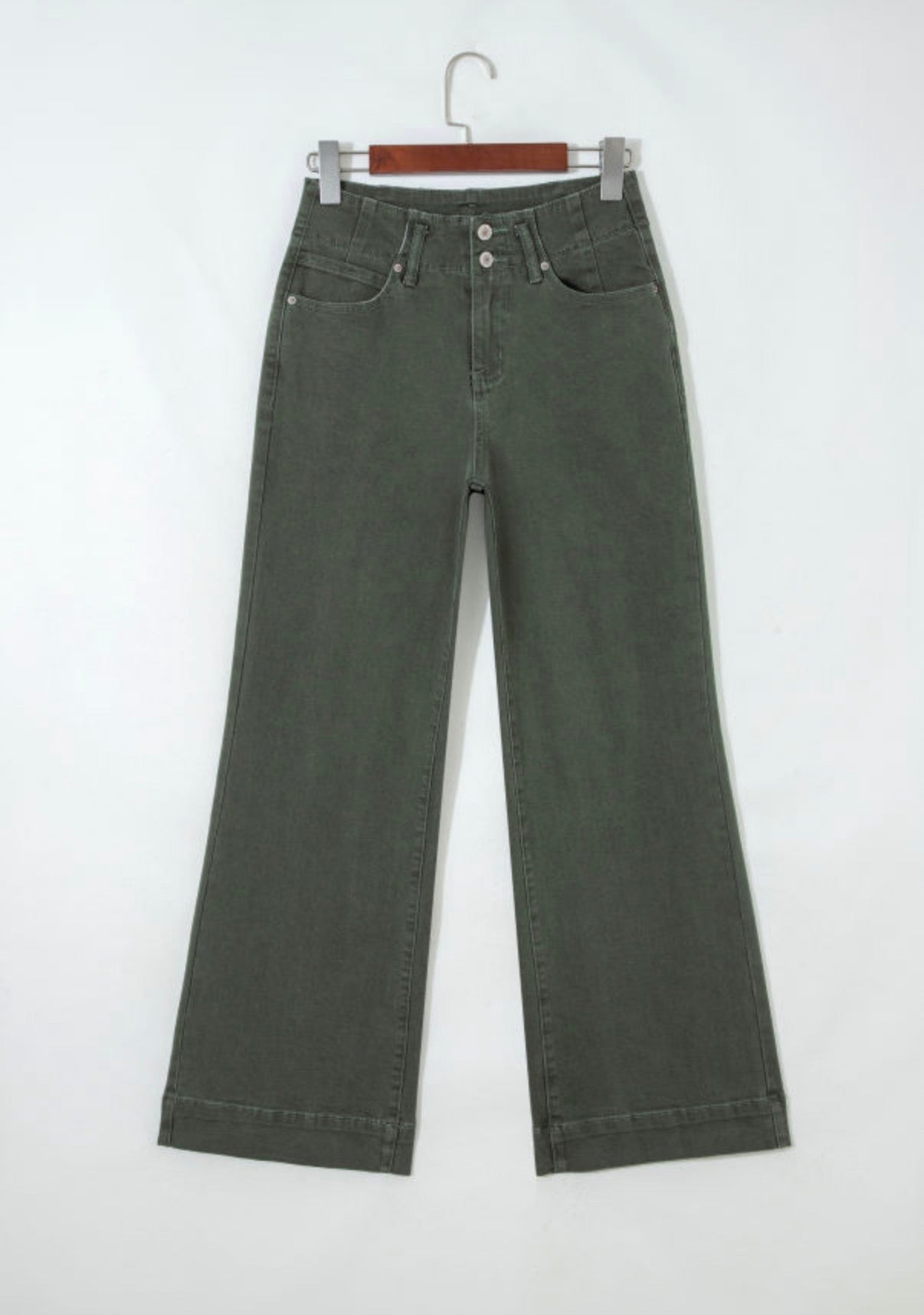 Mist Green 2-Button High Waist Flared Bottom Jeans - Jeans from LemonDrop•LimePop