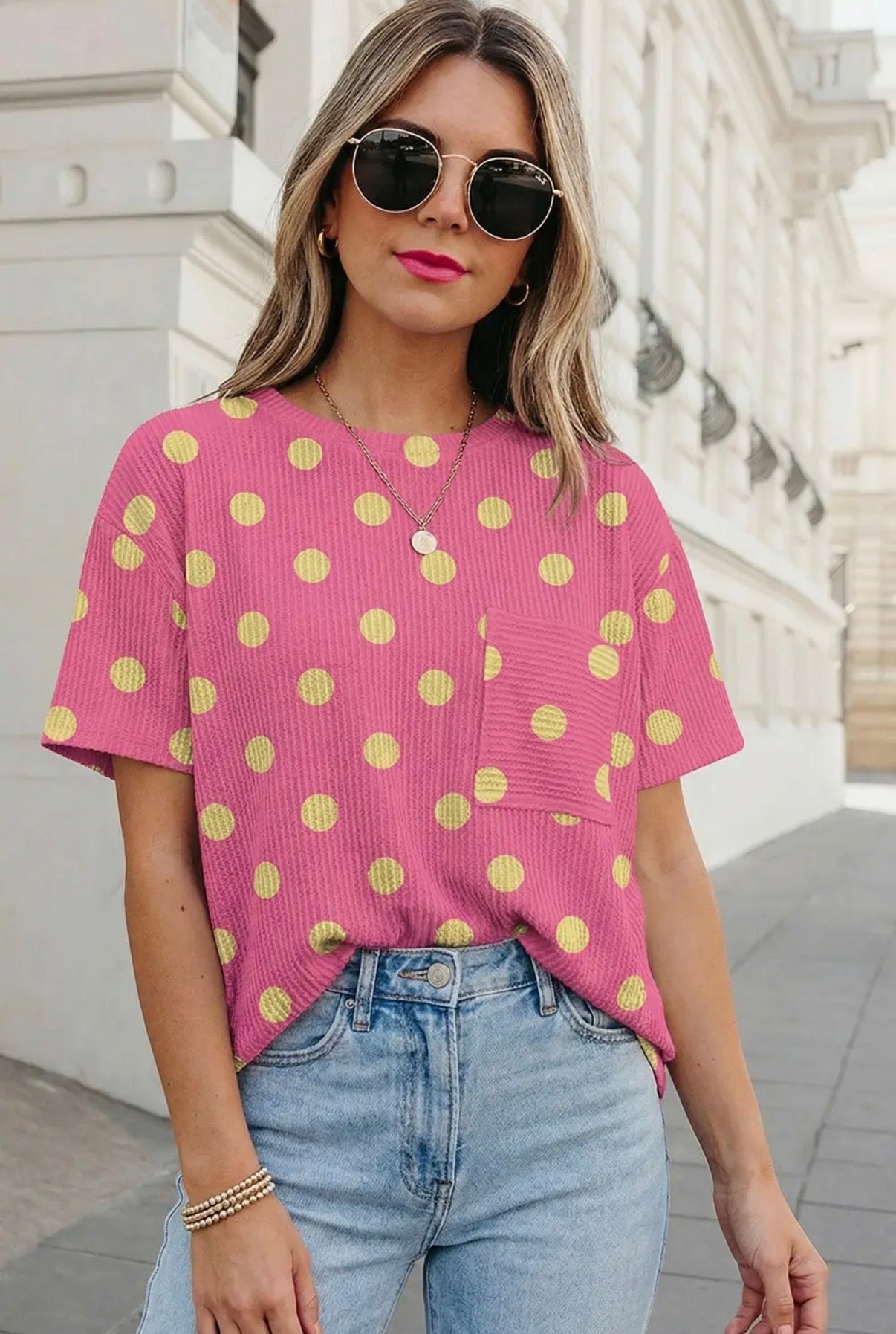Pink Polka Dot Patch Pocket Twisted Ribbed Top