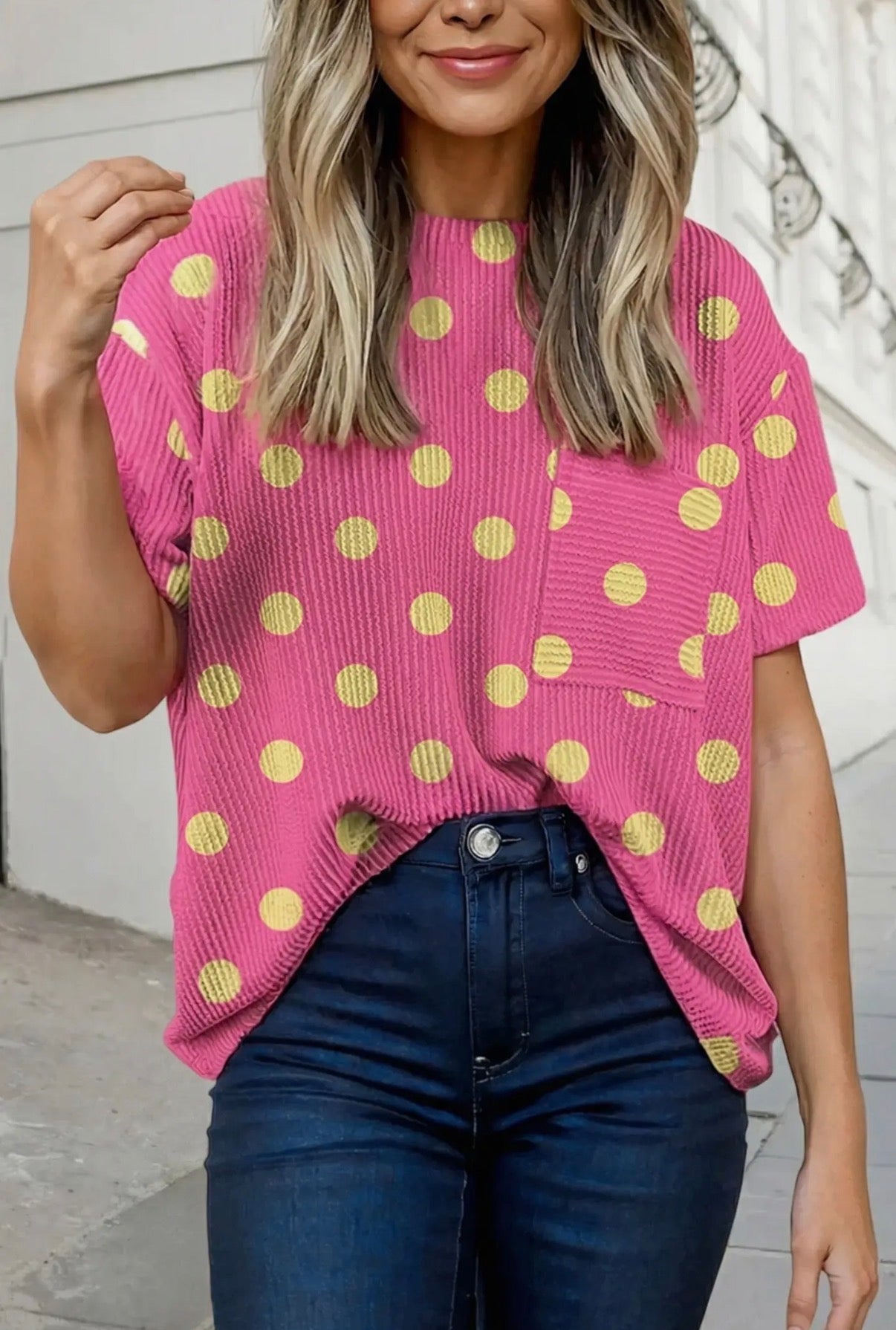 Pink Polka Dot Patch Pocket Twisted Ribbed Top
