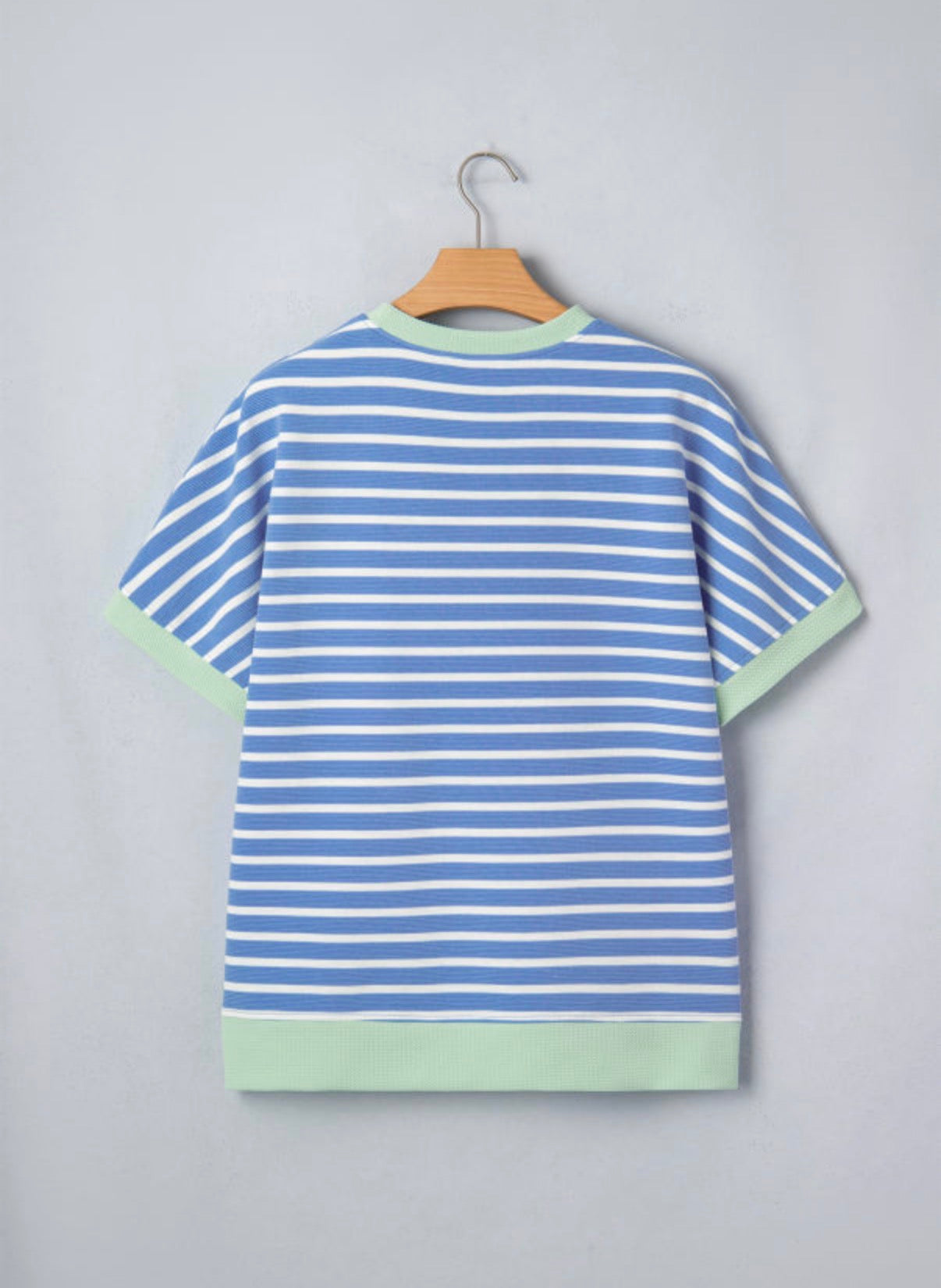 Blue Striped Contrast Trim Loose Short Sleeve Top - Clothing Tops from LemonDrop•LimePop
