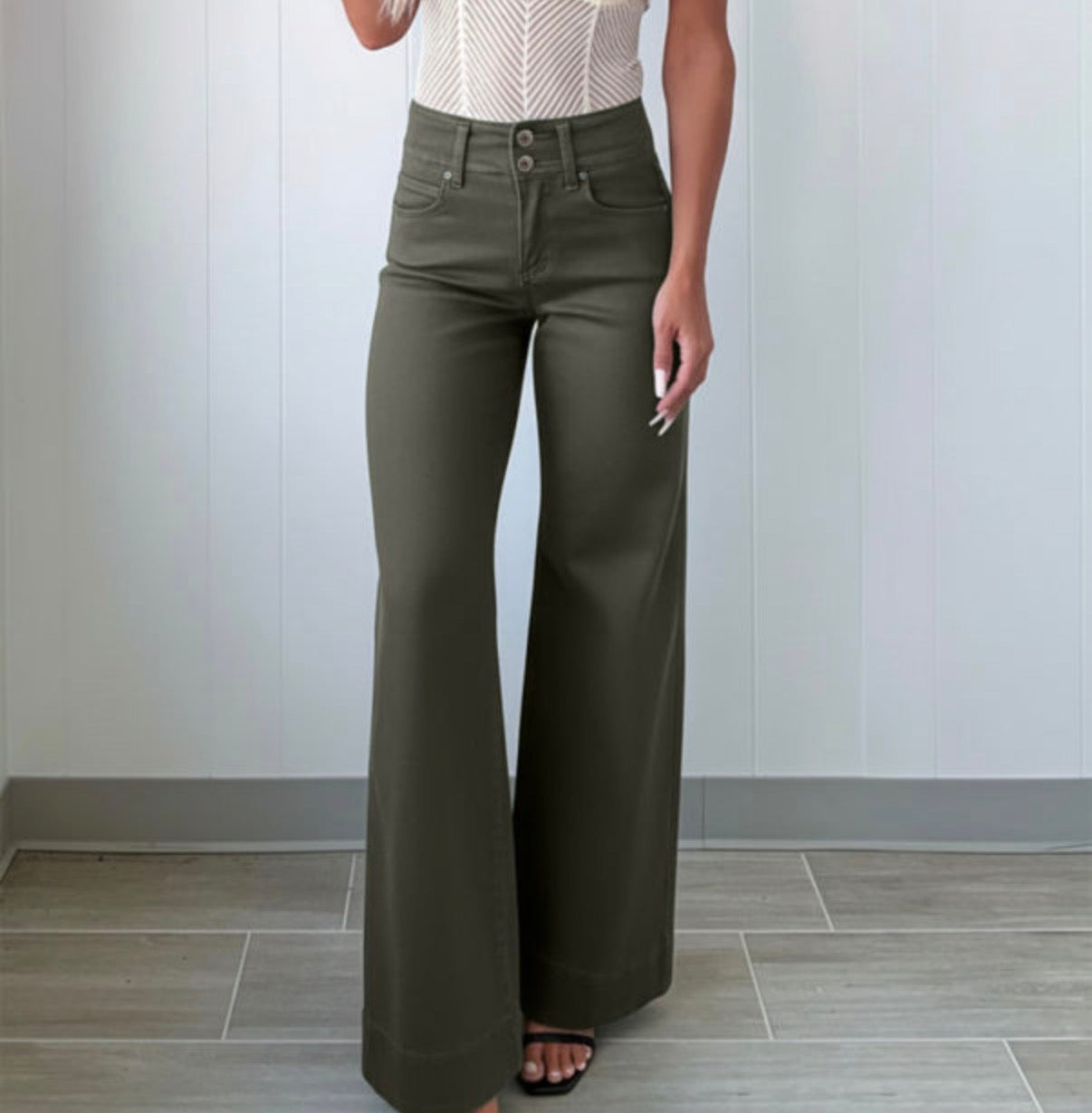 Mist Green 2-Button High Waist Flared Bottom Jeans - Jeans from LemonDrop•LimePop