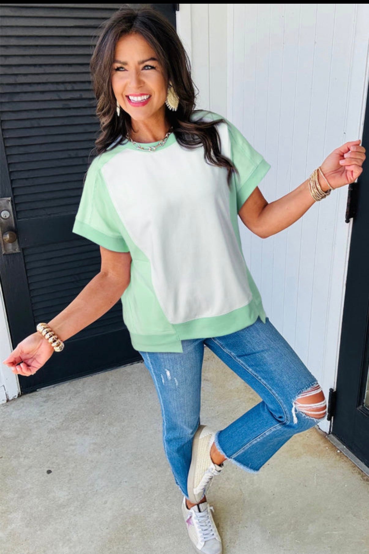 Light Green Color Block Exposed Seam Crew Neck T-Shirt - Clothing Tops from LemonDrop•LimePop