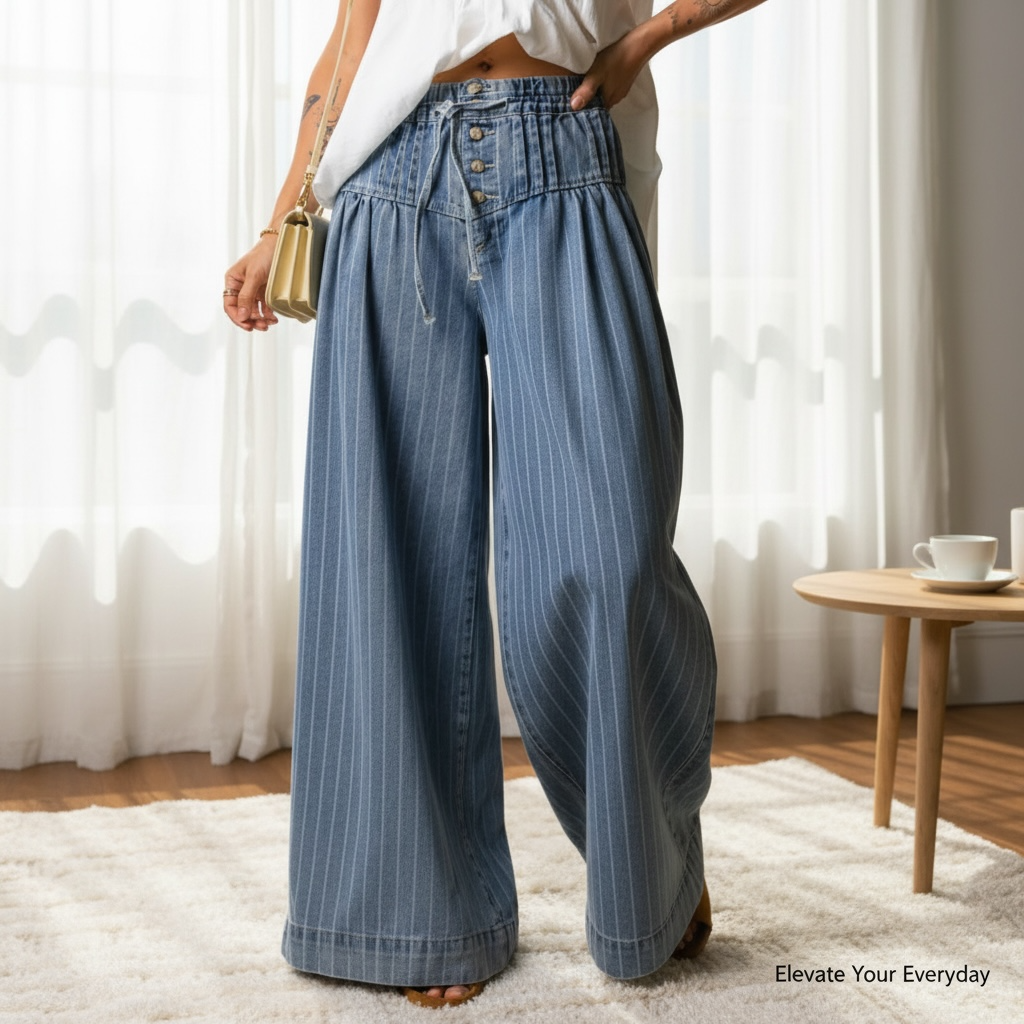 Sky Blue Stripe Wide Leg Pleated Jeans | Button Trousers - Jeans from LemonDrop•LimePop