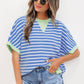 Blue Striped Contrast Trim Loose Short Sleeve Top - Clothing Tops from LemonDrop•LimePop