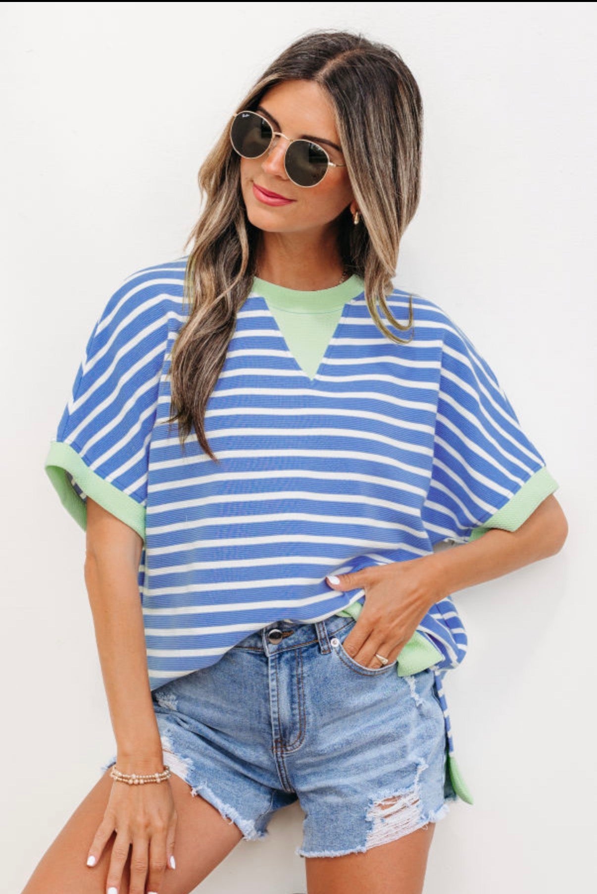 Blue Striped Contrast Trim Loose Short Sleeve Top - Clothing Tops from LemonDrop•LimePop