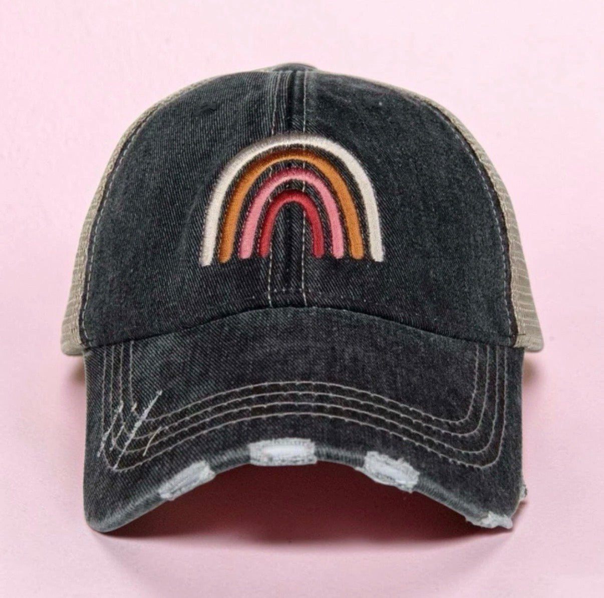 Distressed Black/White Trucker Hat Rainbow Adjustable SnapBack - Trucker Hats from LemonDrop•LimePop