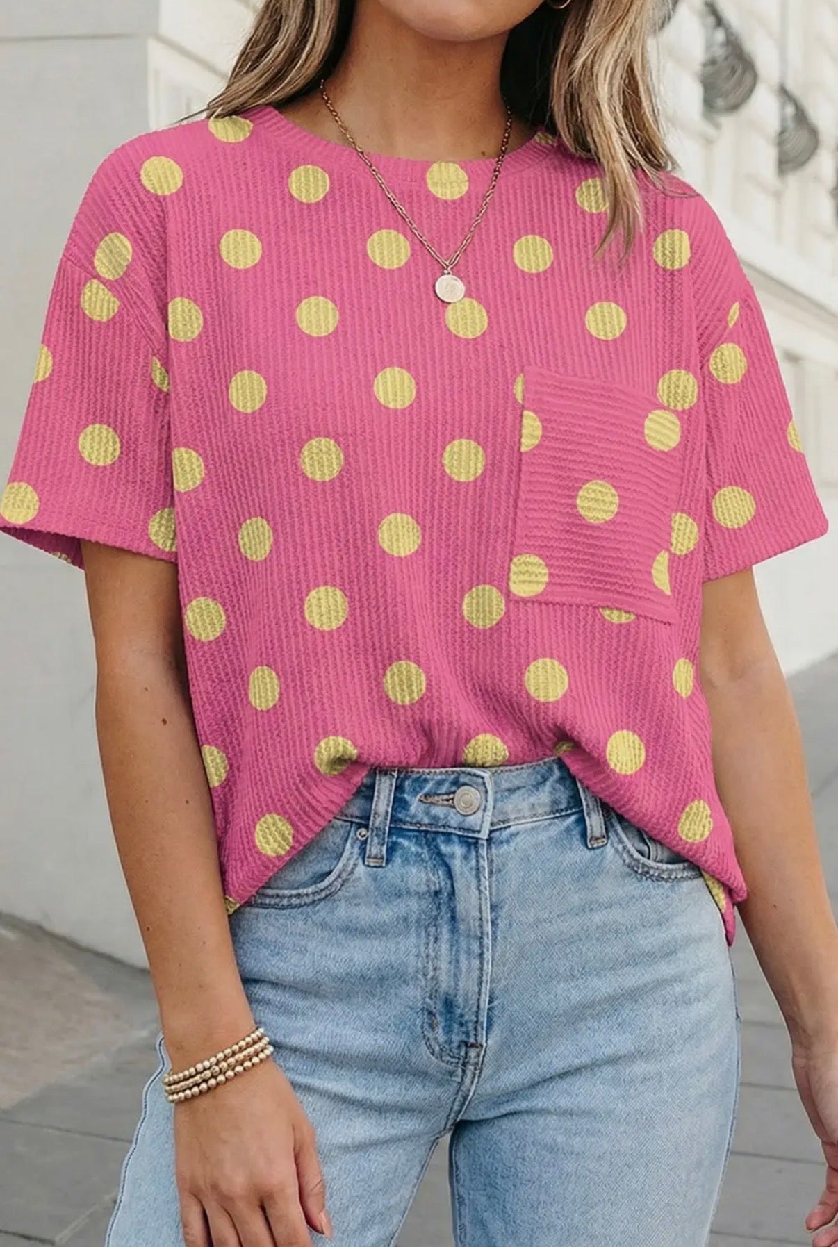 Pink Polka Dot Patch Pocket Twisted Ribbed Top