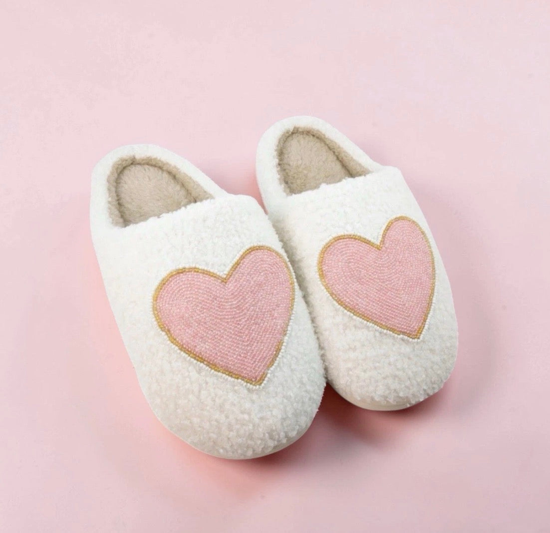 Women’s Beaded Pink/Gold Heart Slippers-Charmed Elegance