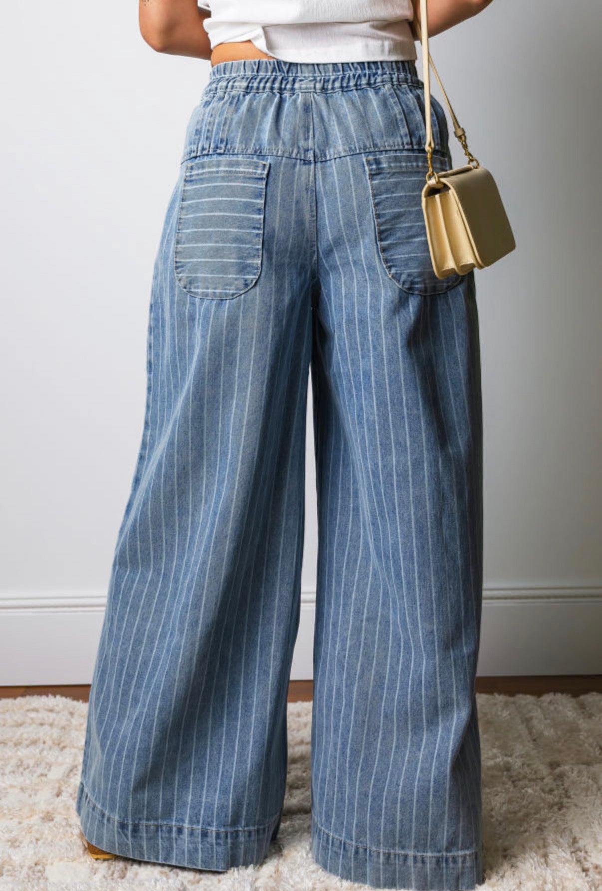 Sky Blue Stripe Wide Leg Pleated Jeans | Button Trousers - Jeans from LemonDrop•LimePop