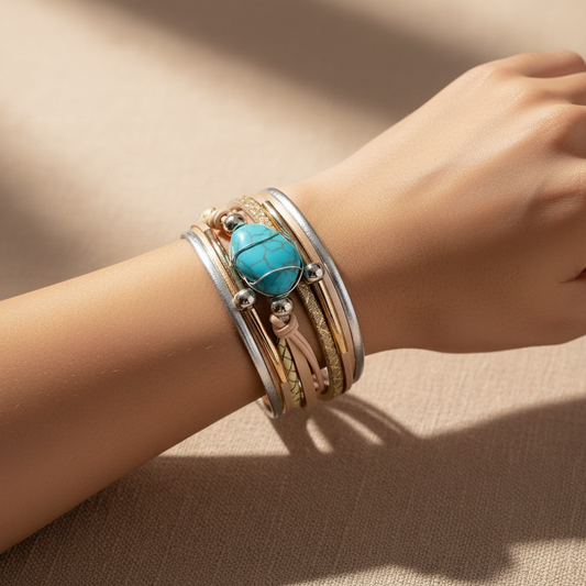 Multi Layer Wrap Bracelet Bohemian PU Leather | Alloy Metal Charm | Magnetic Clapse - Bracelets from LemonDrop•LimePop