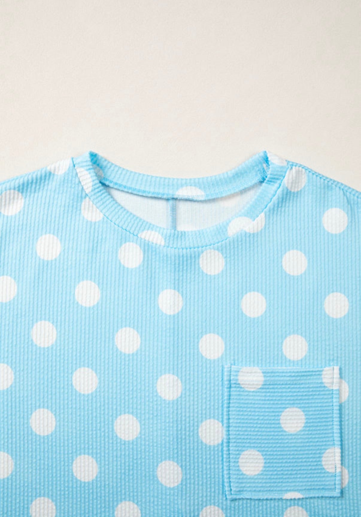 Sky Blue Polka Dot Patch Pocket Twisted Ribbed Oversized Top