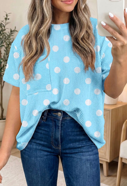 Sky Blue Polka Dot Patch Pocket Twisted Ribbed Oversized Top - Blouses from LemonDrop•LimePop