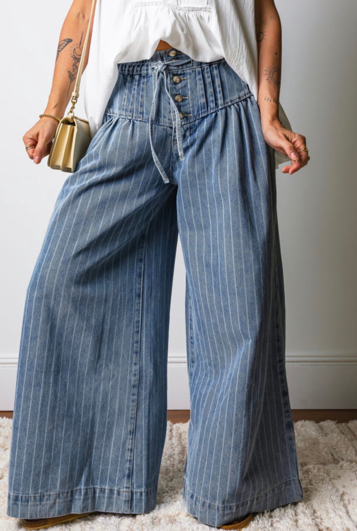 Sky Blue Stripe Wide Leg Pleated Jeans | Button Trousers - Jeans from LemonDrop•LimePop