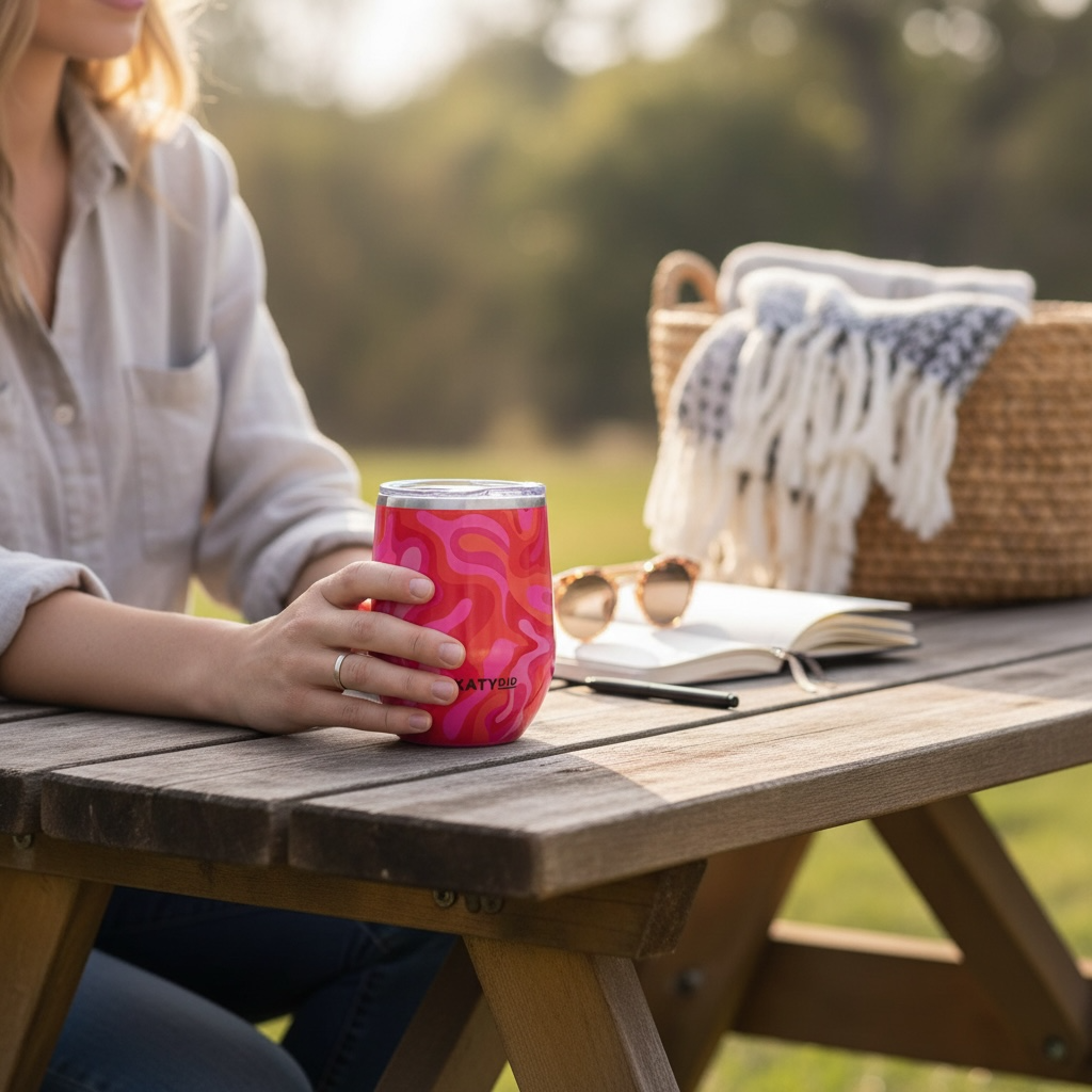 Hot Pink Retro Swirl Insulated Stemless Wine Tumbler With Lid