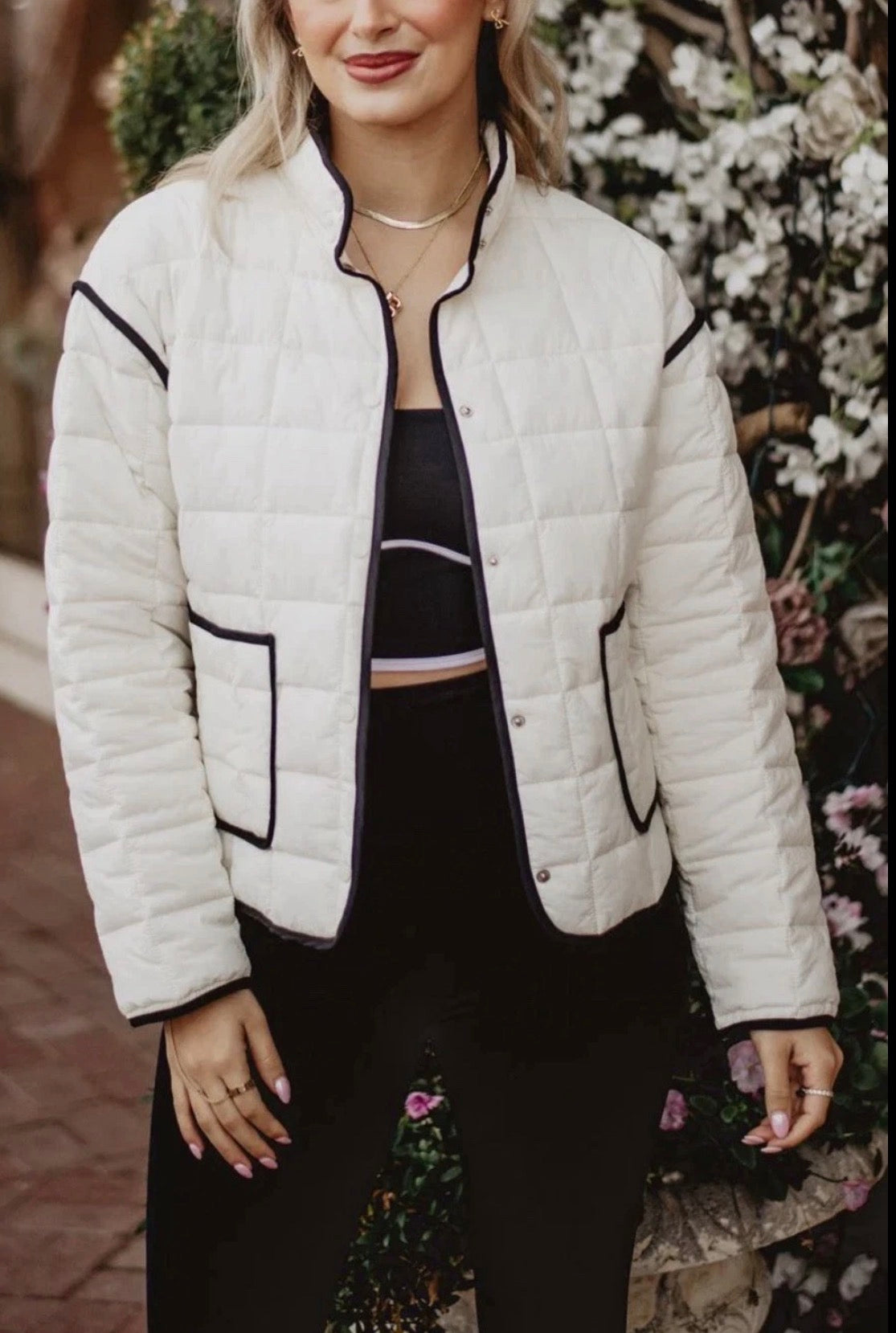 White Quilted Black Trim Womens Jacket