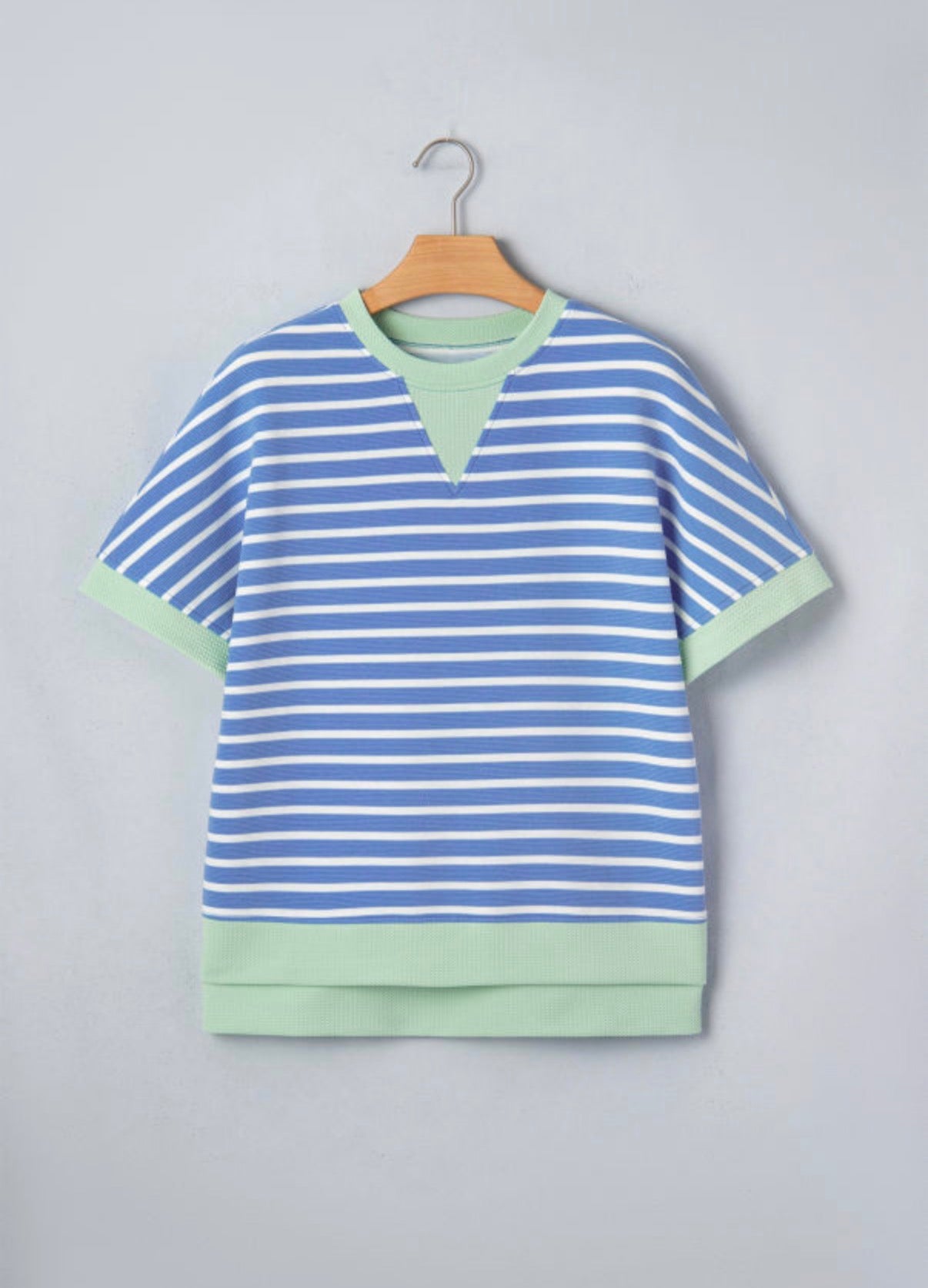 Blue Striped Contrast Trim Loose Short Sleeve Top - Clothing Tops from LemonDrop•LimePop
