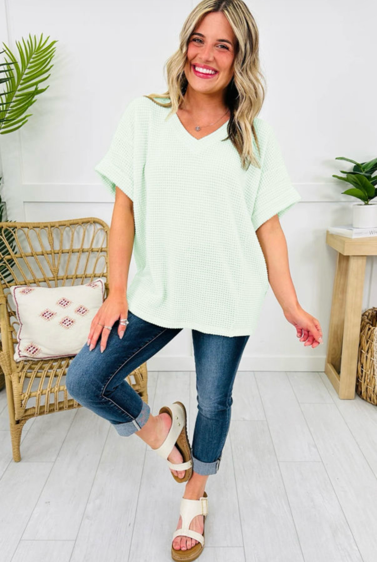 LemonDrop•LimePop mint green waffle knit V-neck short sleeve relaxed fit top with cuffed sleeves.
