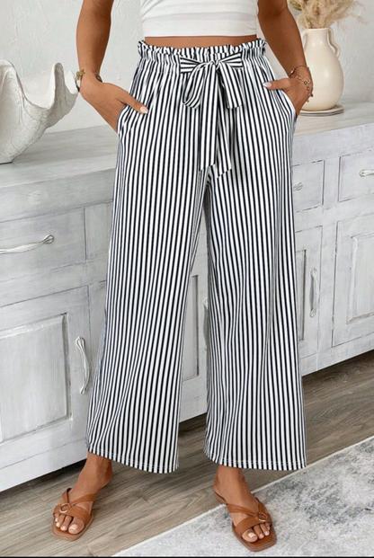LemonDrop•LimePop black and white striped wide leg palazzo pants with tie waist and side pockets.
